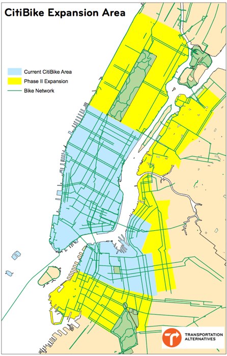 Will Mayor de Blasio fix huge infrastructure gaps in the bike lane network as Citi Bike expands? Image: Transportation Alternatives. Click for full-size version.