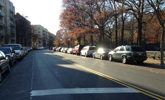 Seaman Avenue cyclists will have to make do with sporadic preliminary bike lane markings until sometime in 2015. Photo: Brad Aaron