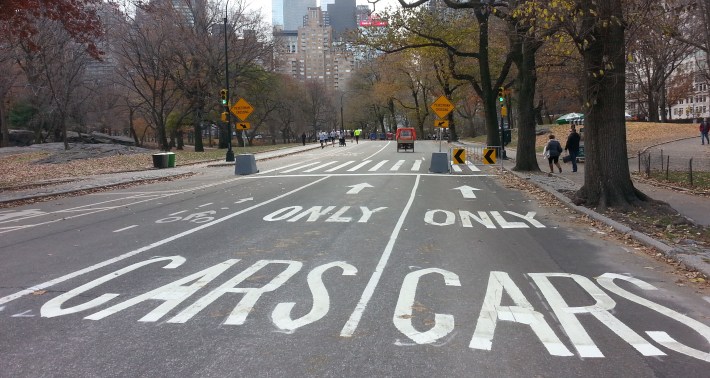 Instead of making the park car-free, DOT's pedestrian safety improvements marked off space only for cars. Photo: Stephen Miller