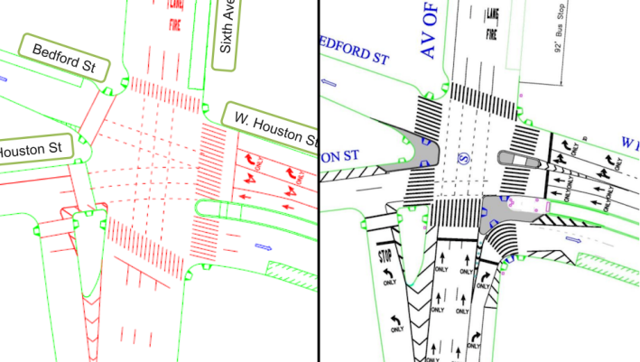 The plan adds high-visibility crosswalks, tweaks traffic signals to give more time to pedestrians, creates a new pedestrian island, and enlarges existing pedestrian refuges. Images: DOT