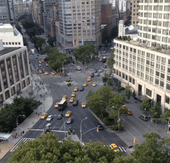 A DOT proposal would nibble around the edges of the Lincoln Square bowtie to make this wide-open expanse more pedestrian-friendly. Photo: DOT