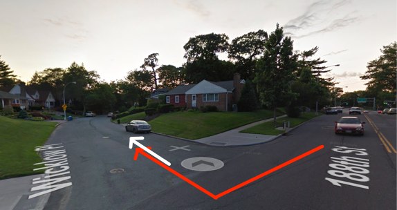 Ignascio Andal, whose path is indicated in white, was killed by a driver on a street with no sidewalks in Jamaica Estates. NYPD said "no criminality is suspected." Motorists have killed at least three pedestrians this year in the 107th Precinct. Image: Google Maps