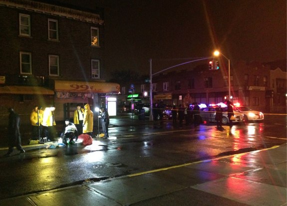 Workers clean the street after a motorist struck 10-year-old Blima Friedman and her mother. The Daily News reported that, according to NYPD, the victims were crossing "mid-block." Police charged the driver for taking the vehicle without permission, but did not charge him for killing Blima and injuring her mother.