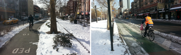 Parks Department bike lanes on Allen Street north of Canal Street are as clear as the DOT-managed ones. So why does the department ignore the bike and pedestrian paths nearby?