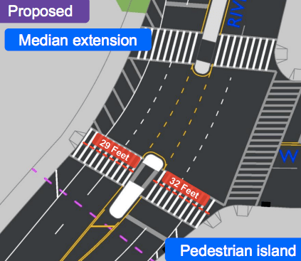 The plan does include pedestrian safety islands and median tip extensions, like the ones shown here for 135th Street at Riverside. Image: DOT [PDF]