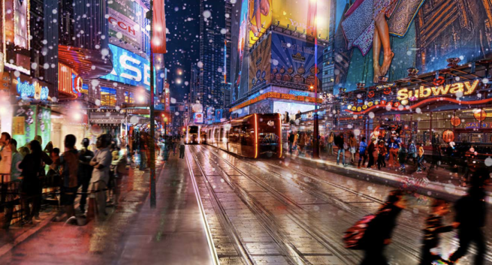 A group of planners and architects is advocating for 42nd Street to be transformed into a car-free street with light rail. Image via Vision42 [PDF]