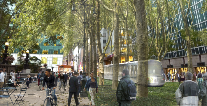 Another conceptual design extends the greenery of Bryant Park out onto 42nd Street. Image via Vision42 [PDF]