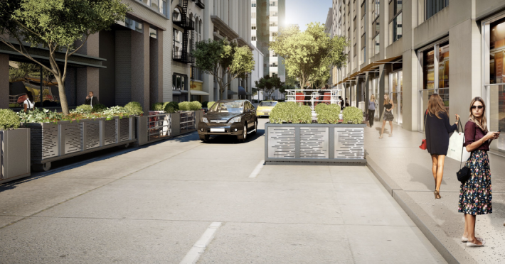 The plan would replace about half of the curbside along one block 41st Street with seating and greenery. Image: