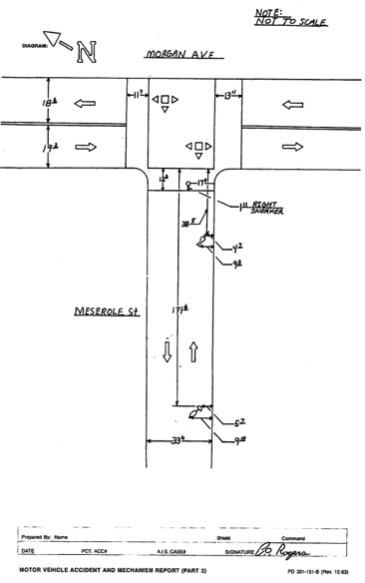 NYPD’s crash scene diagram shows the distances Lefevre and his bicycle were dragged.