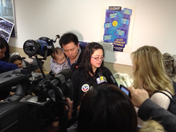 Amy Tam and Hsi-Pei Liao speak to reporters after the New York State DMV failed to take action against the driver’s license of the man who killed their daughter Allison. Photo: Brad Aaron