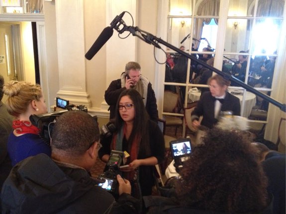 Sofia Russo, whose daughter Ariel was killed by a Manhattan driver, is swarmed by reporters after asking Manhattan DA Cy Vance to meet with the families of crash victims. Photo: Brad Aaron
