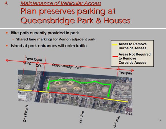 In 2008, DOT chose to maintain parking, rather than install bike lanes, on the segment of Vernon Boulevard where Jacobs was killed. Image: DOT