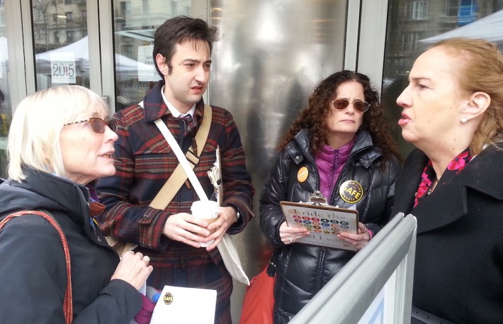 Manhattan Borough President Gale Brewer, right, speaks with, from left, Mary Beth Kelly, Tom DeVito, and Dana Lerner before her State of the Borough address yesterday. Photo: Stephen Miller