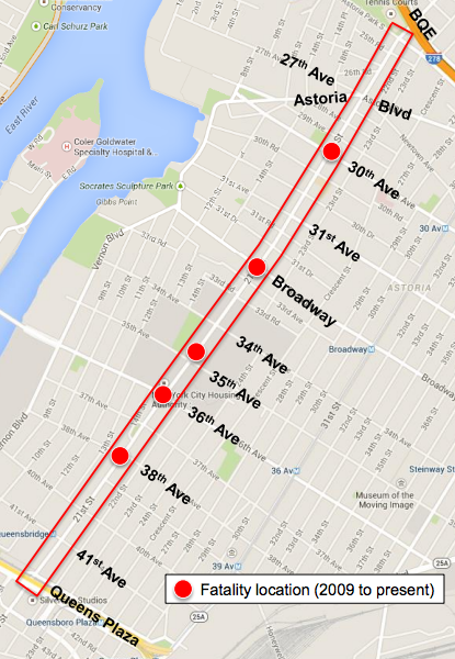 Since 2009, five people have died on 21st Street in Astoria. Map: DOT