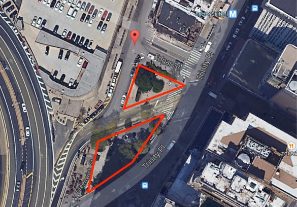 Elizabeth H. Berger Plaza and Trinity Plaza, currently separated by a Brooklyn-Battery Tunnel ramp, may be merged into a large pedestrian plaza. Image: Google Maps