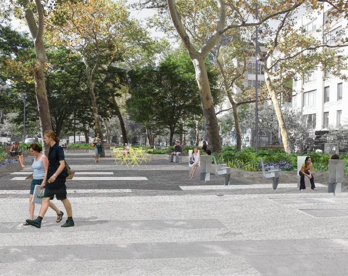 A plaza rehab on the border of Soho and Hudson Square will not include upgrades to Little Sixth Avenue -- for now. Image: Mathews Nielsen landscape architects