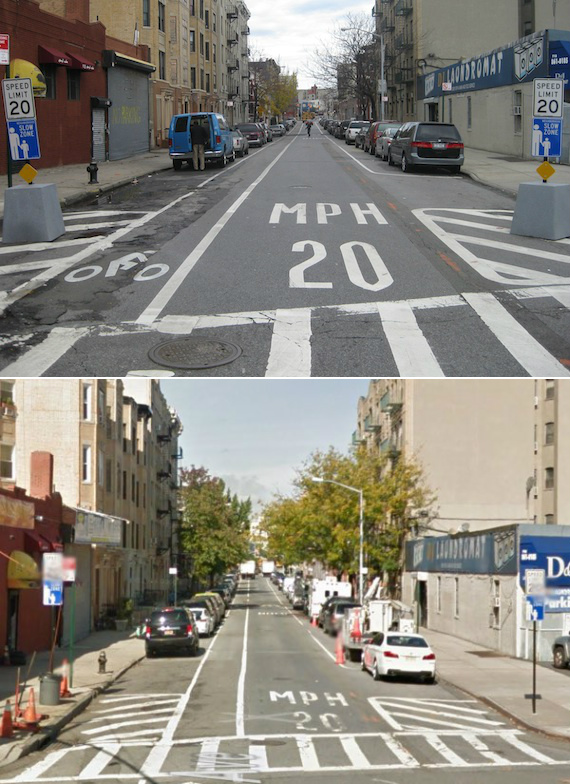 Top to bottom: Slow Zone signs at E. 167th Street and Longfellow Avenue in the Claremont section of the Bronx, site of the city’s first 20 mph residential zone, in 2011 and 2014. Photos: Noah Kazis (top), Google Maps