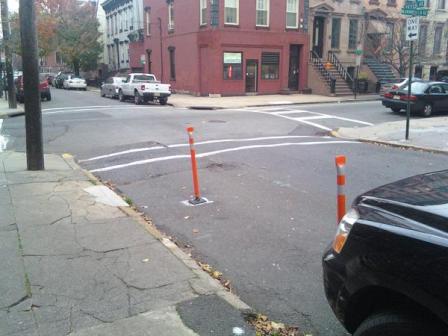 A flex-post protected corner in Hoboken. Photo: Planetizen
