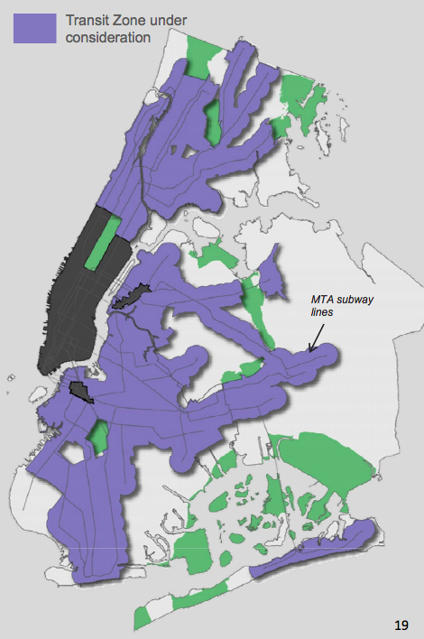 The city is proposing to eliminate parking requirements in a new transit zone -- but only for subsidized units. Map: DCP