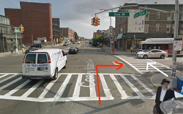 NYPD filed no charges against the driver who killed Martin Hernandez Tufino as he crossed the street in a crosswalk. The red arrow represents the movement of the driver and the white arrow the movement of the victim, according to information released by NYPD. Image: Google Maps