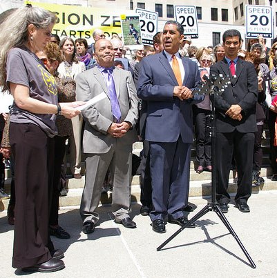 State Senators Adriano Espaillat, at mic, and Martin Malave Dilan, at left, at a Families for Safe Streets rally in Albany in 2014. Dilan and Espaillat have introduced a bill to prohibit police from arresting bus drivers suspected of committing misdemeanors in crashes involving pedestrians and cyclists. Photo: Brad Aaron