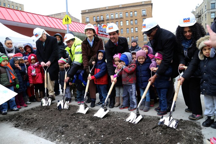 Officials break ground on a new pedestrian plaza on 175th Street in Washington Heights this morning. Photo: DOT/Flickr