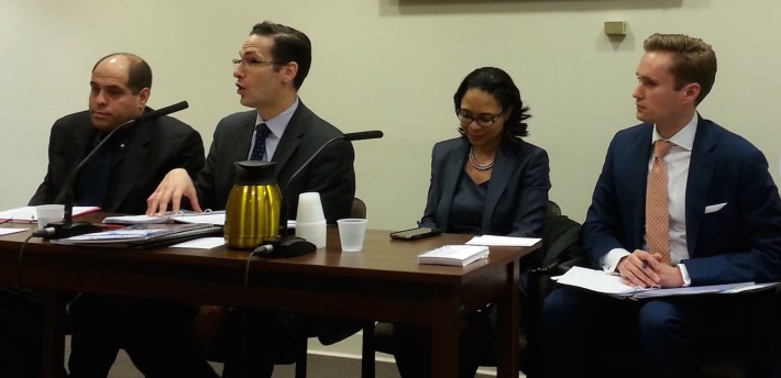 Keith Kerman from DCAS, left, and Ryan Russo, Stacey Hodge, and Ed Pincar of DOT testify this afternoon. Photo: Stephen Miller