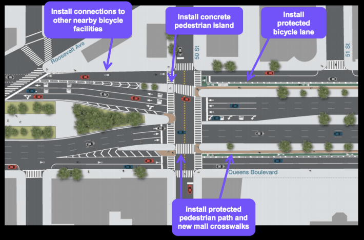 The protected bikeway gives way to sharrows on the final block before Roosevelt Avenue. Image: DOT [PDF]