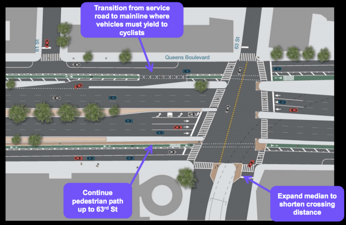 While slip lanes coming from the main line to the service road will have sharper angles and stop signs, drivers accelerating onto the center roadway will have shallower angles as they cross the paths of cyclists. Image: DOT [PDF]