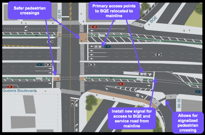 The plan gets BQE-bound drivers off the eastbound service road, opening up space for the bike lane, and adds traffic signals to help pedestrians and cyclists cross at the highway on-ramps. Image: DOT [PDF]