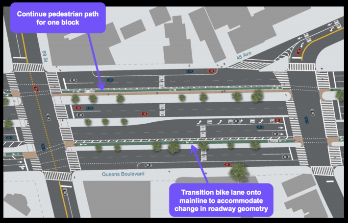 East of the BQE, the service roads widen to two car lanes, shifting the protected bike lanes. Image: DOT [PDF]