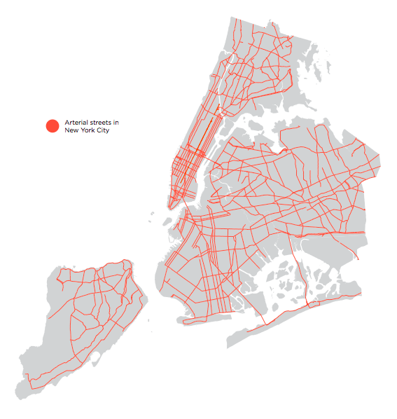 Arterial roads comprise 15 percent of NYC's streets but are the site of nearly 60 percent of the city's pedestrian deaths. Map: TA