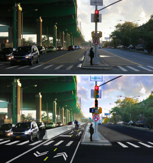 Unused road space on Bruckner Boulevard is being reclaimed for a protected bikeway that will eventually connect the Bronx River Greenway to Randall's Island. Images: DOT