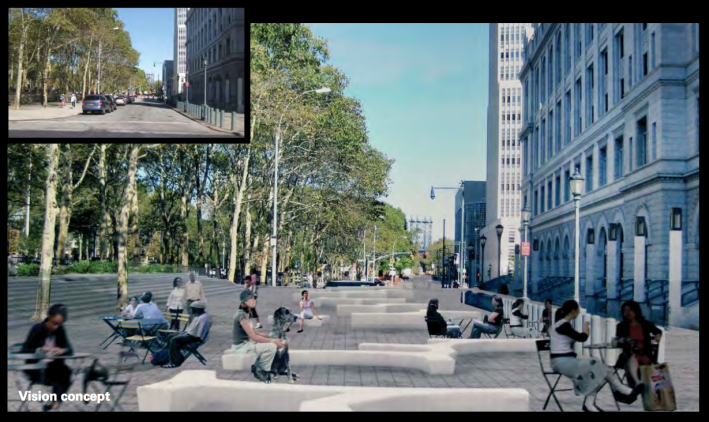 The plan recommends turning a quiet block of Cadman Plaza East into a pedestrian plaza. Image: WXY Architecture