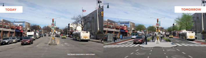 The Grand Concourse at 149th Street. Transportation Alternatives recommends major redesigns and significant investments in this arterial street and others.