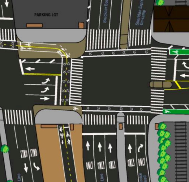 The intersection of Hunts Point Avenue and Bruckner Boulevard is getting new bike lanes, a new median crosswalk, and pedestrian space (in dark brown). Image: DOT [PDF]