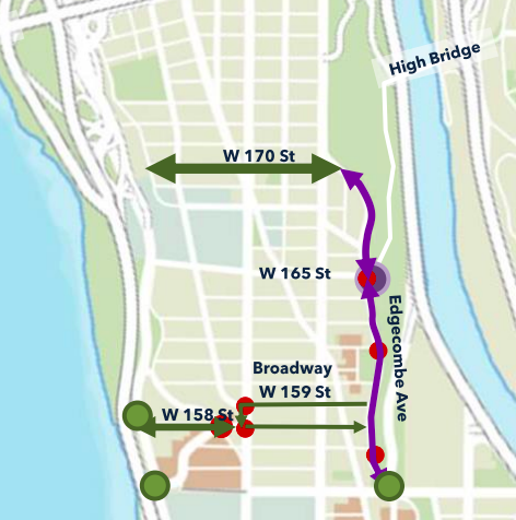 The plan offers protected bikeways on 170th Street, 158th Street, and Edgecombe Avenue. Map: DOT