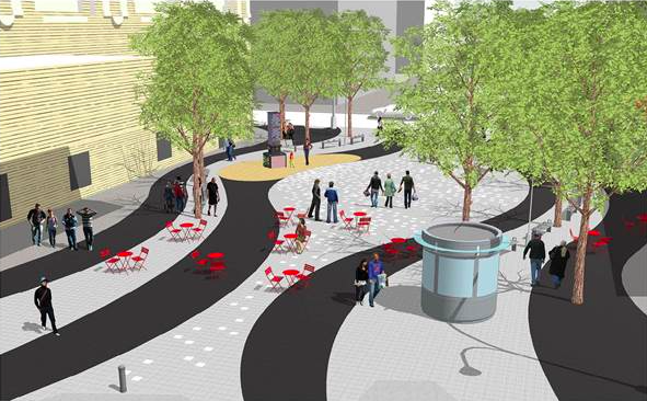 The plaza will add pedestrian space and create a permanent home for vendors and a farmers market. Image: DOT/DDC
