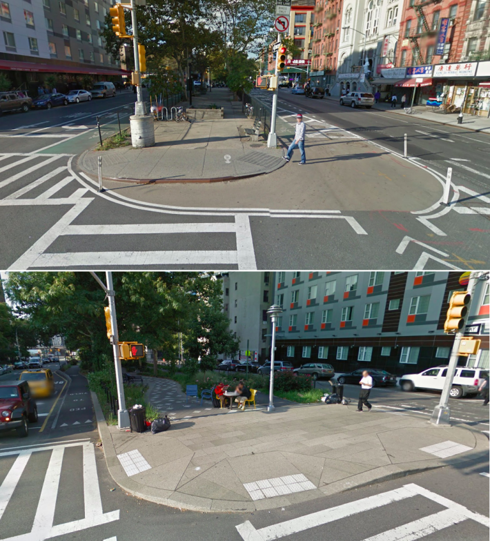 On Pike and Allen Streets, DOT didn't wait for a multi-million dollar capital project before implementing street safety upgrades. Photos: Google Maps