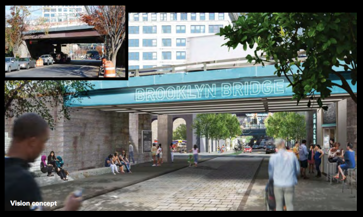 Washington Street would become a pedestrian-priority street where the stairway to the Brooklyn Bridge path meets ground level. Image: WXY Architecture