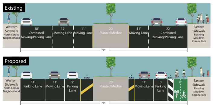 This road diet and protected bike lane is too much for Queens CB 4 to handle. Image: DOT [PDF]