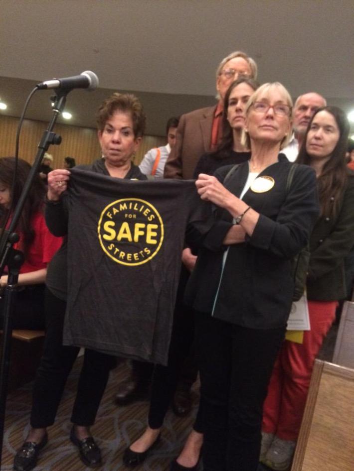 Joan Dean, left, lost her grandson Sammy Cohen Eckstein in a traffic crash. Mary Beth Kelly, right, lost her partner Dr. Carl Henry Nacht. Both live on the Upper West Side and asked Council Member Helen Rosenthal about why she reappointed a street safety foe to Community Board 7. Photo: Emily Frost/DNAinfo