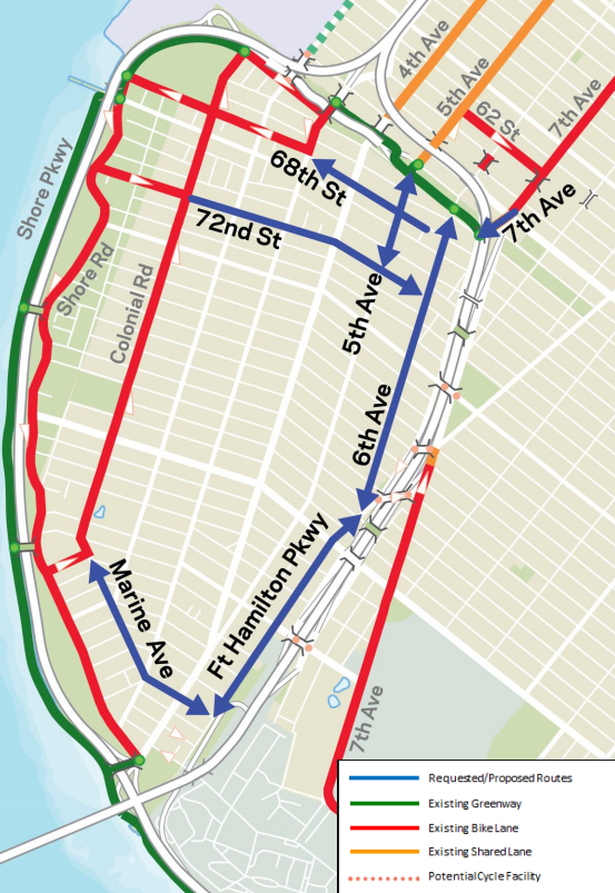 After years of work at the community board, bike lanes are coming to Bay Ridge. Map: DOT [PDF]