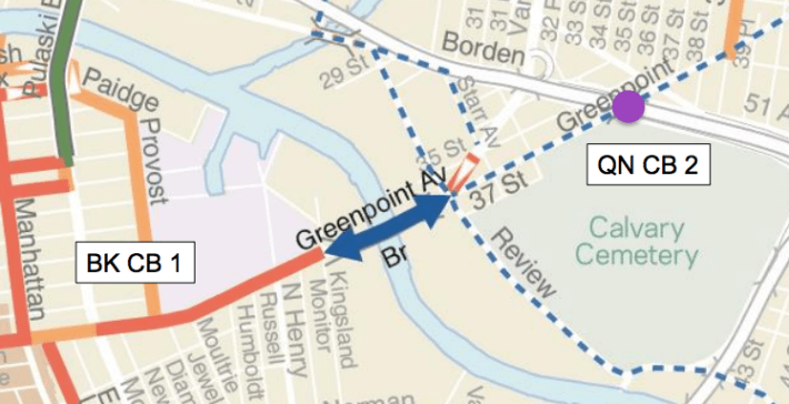 New bike lanes on the Greenpoint Avenue Bridge (solid blue arrows) have received support from two community boards. Tweaks to Greenpoint Avenue in Brooklyn are also moving ahead, but bike routes in Queens CB 2 are on hold as  Map: DOT