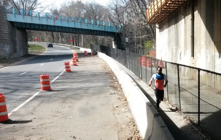 Car drivers get two spacious lanes on the left. Golf carts get a full lane on the right. In between, cyclists and pedestrians get squeezed into a four-foot-wide path thanks to the state DOT. Photo: Urban Residue