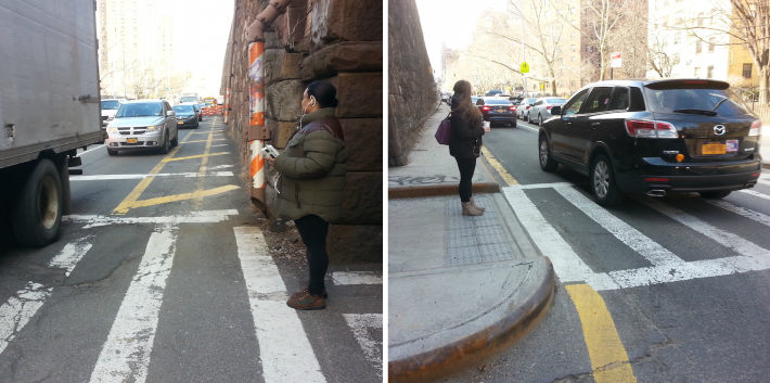 Some intersections on Park Avenue in East Harlem already have the concrete curb extensions, while others wait for them. Photos: Stephen Miller