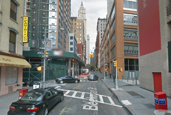 Beekman Street, with Spruce Street School and New York Presbyterian Lower Manhattan Hospital at right, where a driver hit Heather Hensl on the sidewalk and left the scene. Parents say motorists routinely drive on the sidewalk in front of the school to get around traffic. Image: Google Maps