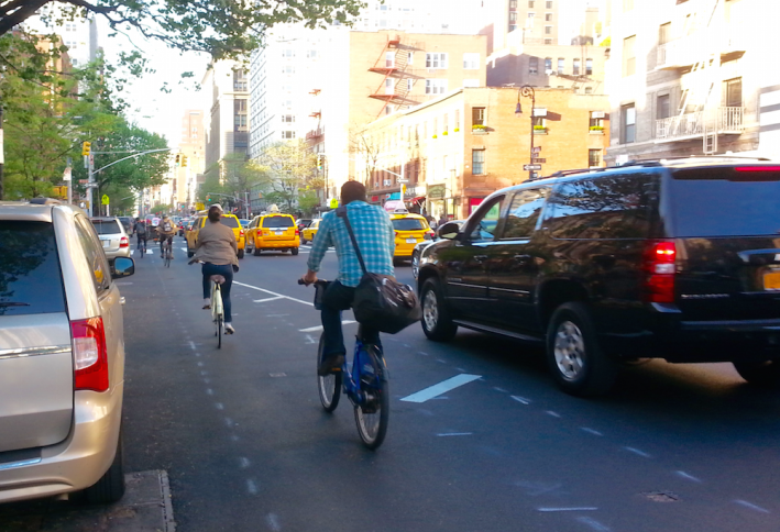 Buffers are nice, but fall far short of a complete street with a protected bike lane. Photo: Stephen Miller