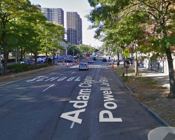 The school zone on southbound Adam Clay Powell Jr. Boulevard at 150th Street, where the unidentified driver hit Ervi Secundino and dragged him for one block. Image: Google Maps