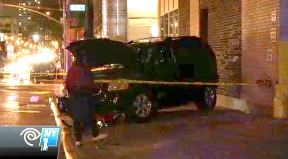 Victor Grant was killed on the sidewalk after two drivers collided on 11th Avenue at 42nd Street. No charges were filed. Image: NY1